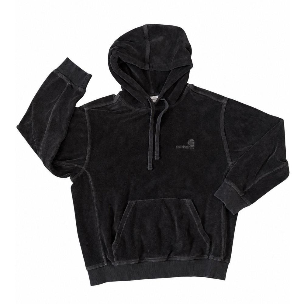 Carhartt WIP United Script Hooded Velour Sweatshirt L Black Workwear Oversized